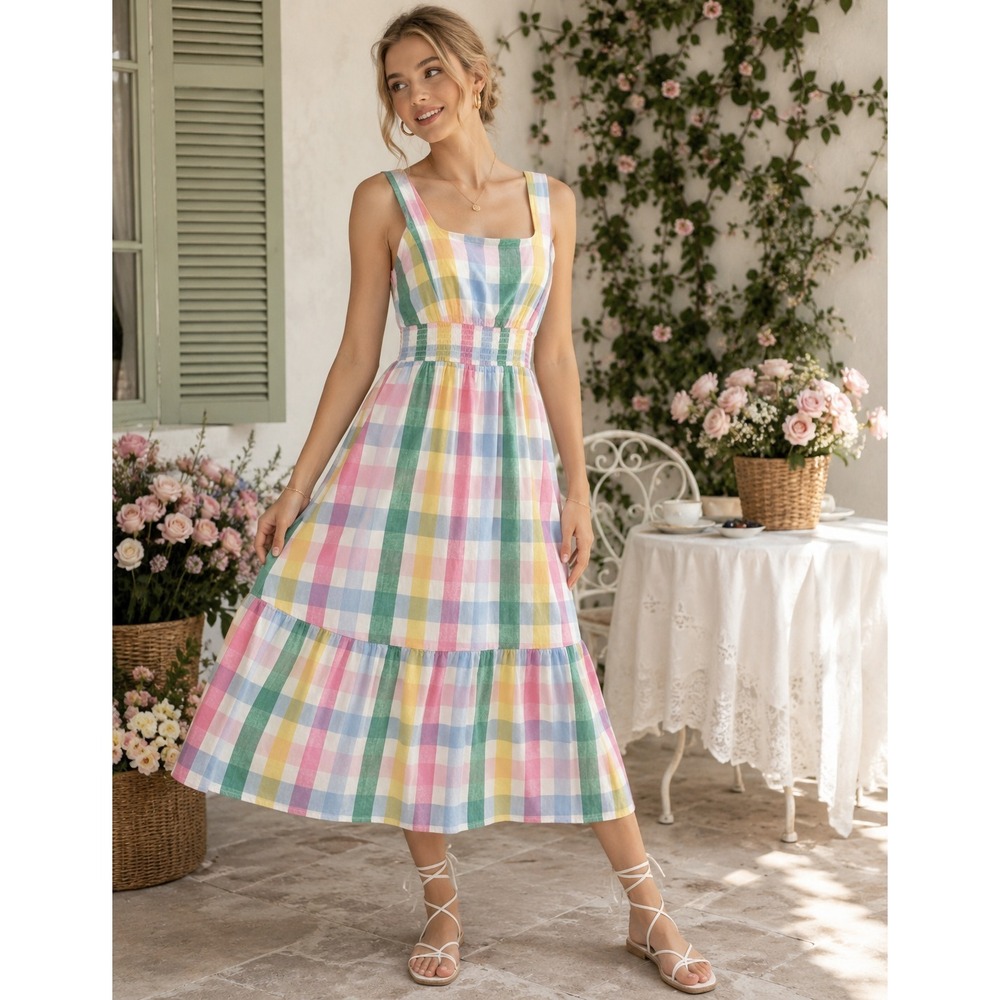 Pastel Gingham Fit Flare Sleeveless Linen Blend Midi Sundress XS Cottagecore